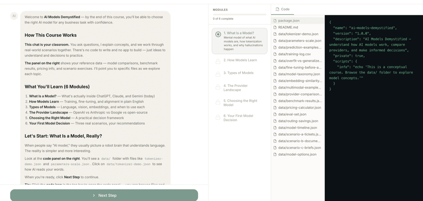 Classic mode — a guided lesson with an AI tutor, module walkthrough, and a live code panel